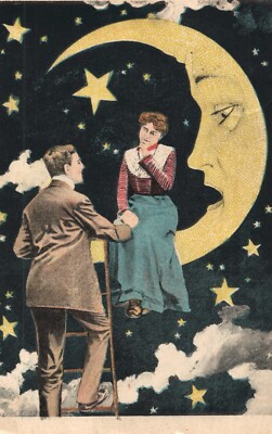 Woman Sits on Crescent Moon Man Stands on Ladder the Moon Watches