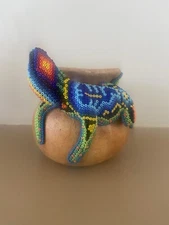 Huichol Hand Bead Vase - Blue/Black Lizard on Pottery - Made In Mexico