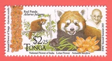2015 RED PANDA STAMP ANIMALS OF INDIA GANDHI TONGA ORANGE LOTUS FLOWER $2.25 MNH