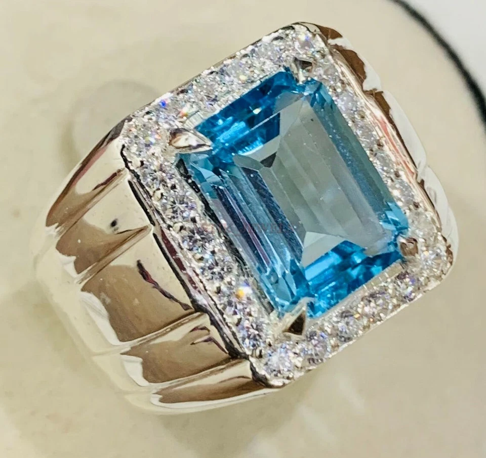 Natural Blue Topaz Gemstone with 925 Sterling Silver Ring for Men's AJ489 - Image 3 of 4