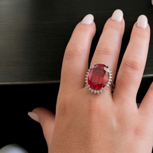 Oval Cut 21.00 Ct Natural Diamond Lab Grown Red Sapphire Platinum Wedding Ring - Picture 12 of 16
