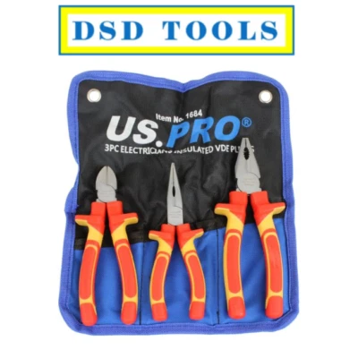 US PRO TOOLS 3 Piece Electricians Insulated VDE Pliers & Cutter Set 1684