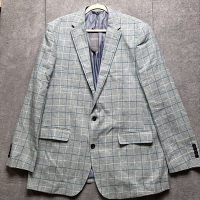 Samuel Windsor Sport Coat Mens 44L Gray Linen Blend Plaid Blazer Sedgefield