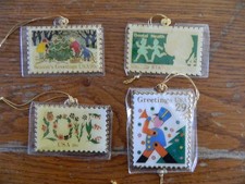 USPS 4 POSTAGE STAMP ENAMELED ORNAMENTS IN ORIGINAL POUCHES VINTAGE 1990