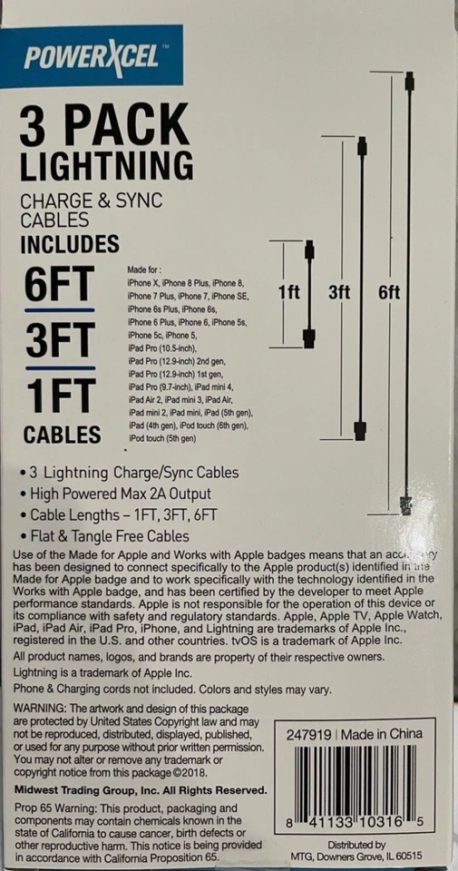 PowerXcel USB-A Charger & Sync Cables- 1 Each: 6ft, 3ft, 1ft (3 pack) - Image 2 of 2