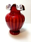 Vintage 1962 Fenton Plated Red Amberina Ruffled Stripe White Cased Glass Vase