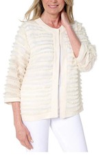 Susan Graver Women's Eyelash Jacquard Woven 3/4-Slv Cardigan Ecru