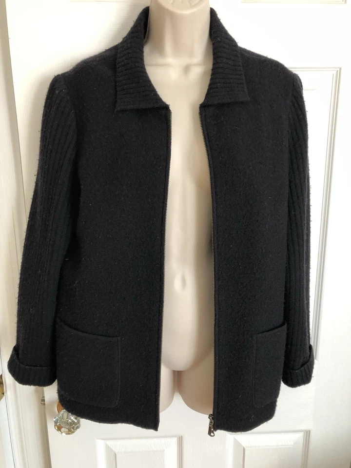 Lands End Womens Cardigan Sweater  Black Boiled Wool Knit Sleeves Full Zip Large - Image 2 of 4