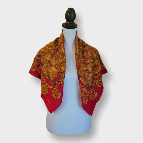 Chanel (Authentic) Red & Gold Jewel Motif 100% Silk 34" Large Vintage Scarf EUC - Picture 8 of 9