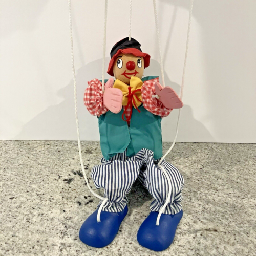 Vintage Collectible Wooden MARIONETTE CLOWN Puppet Striped Pants Red Hat 18" - Picture 12 of 16
