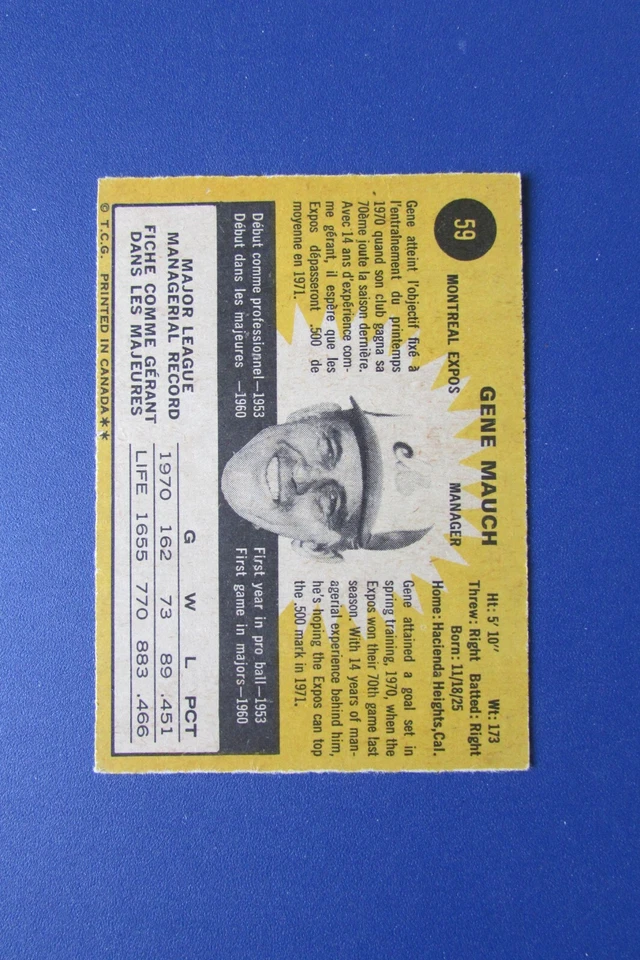 Gene Mauch Firmado 1971 O-Pee-Chee # 59 Auto Exposiciones Twins Phillies Opc Foto 3 de 4