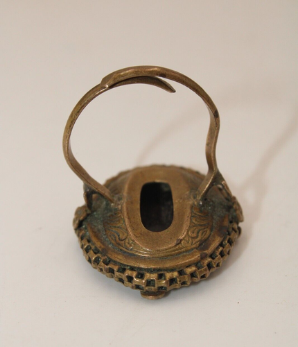 Antique Mourning Ring Brass & Onyx Adjustable Beautiful Metal Mesh & Rosettes - Picture 3 of 11