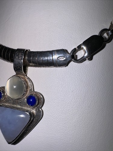 Jewerly Italy .925 SS Omega Necklace 16” Blue Chalcedony Cat Eye Moonstone Rare - Picture 10 of 22