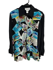 Vintage Diane Gilman Silk Button Up Top Postcard Print Black Sleeves Size Medium