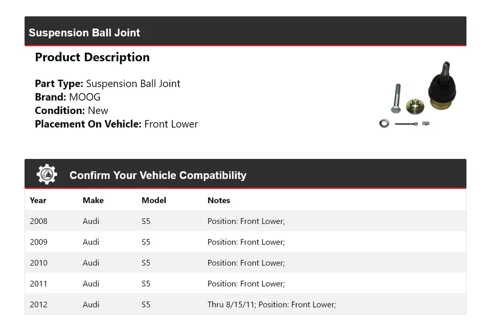 Junta rótula inferior delantera MOOG 2008 2009 2010 2011 suspensión Audi S5 2008-2012 Foto 2 de 4