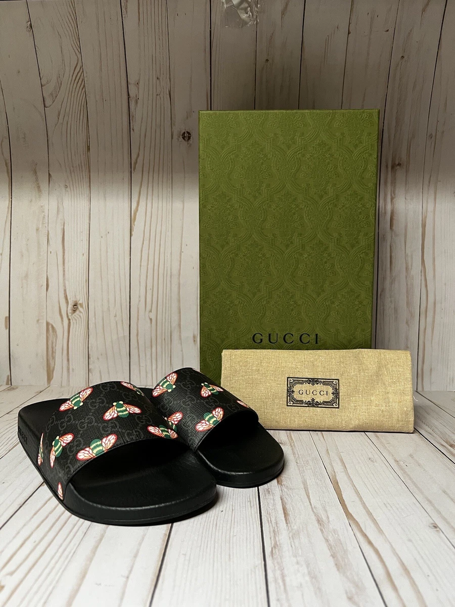 Gucci GG Supreme Bee Monogram Slide Sandal Black Multicolor Sz 9G