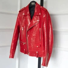 Men's Red Croc Pattern Biker Genuine Lambskin Leather Jacket Coat 