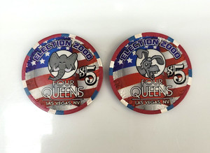 Two Election 2000 Four Queens Casino Las Vegas $5 Gaming Tokens