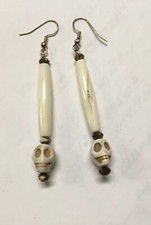 DAY OF THE DEAD SHELL AND BONE SKULL DANGLE EARRINGS STERLING SILVER DROP