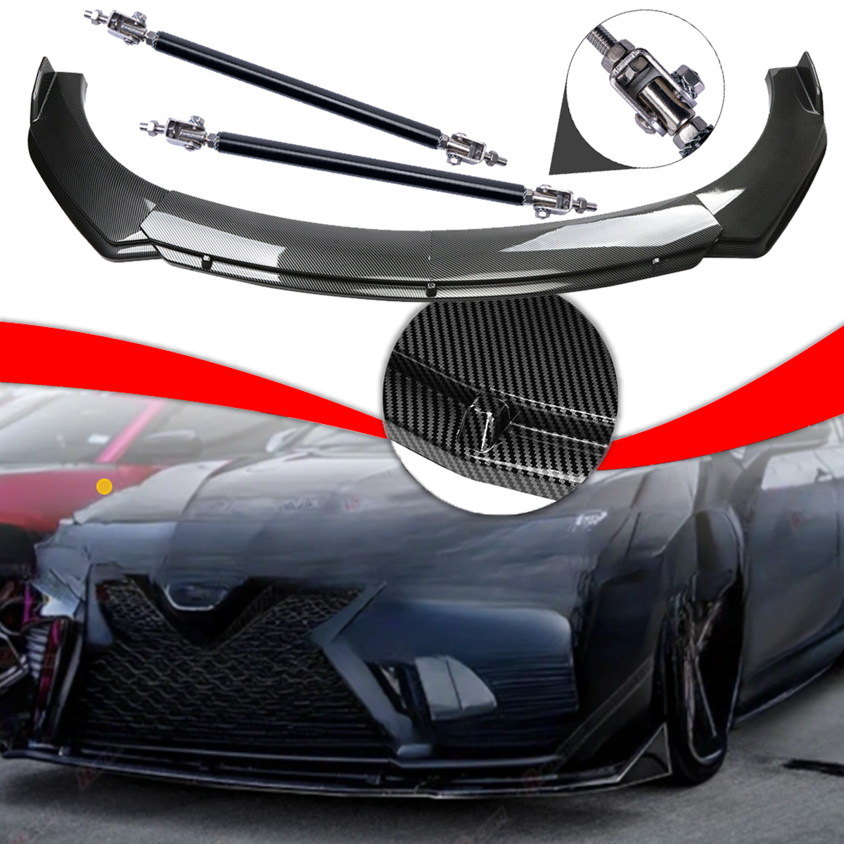 For Toyota Camry 18-20 Carbon Fiber Style Front Bumper Lip Spoiler /Strut Rods