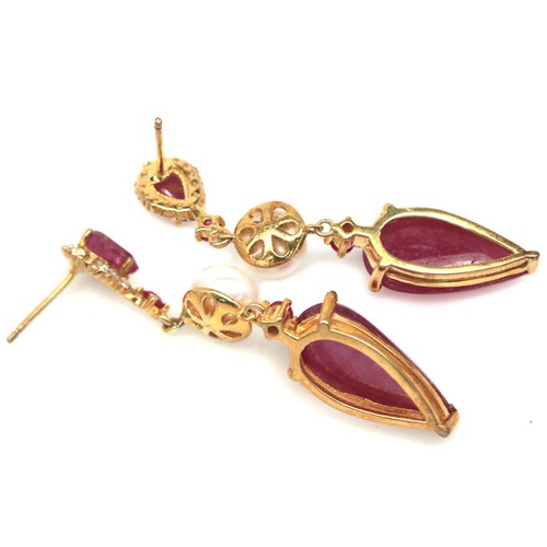 Pendientes De Rubí Rosa, Perla Y Circonita De Plata Esterlina 925 9 X 19 Mm - Imagen 3 de 4