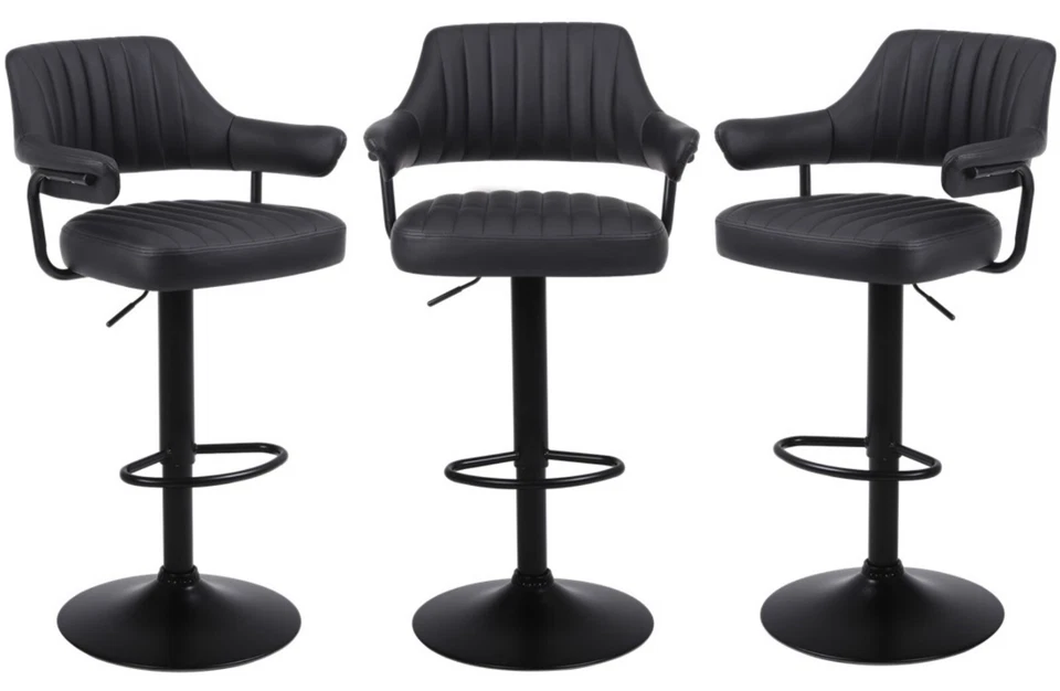 3 X PLUSH BLACK BAR STOOLS, GAS LIFT, BREAKFAST KITCHEN BAR PADDED ARMS & BACK