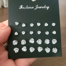 Heart Shaped Stud Zirconia Prong Earring set of 12 pairs Silver