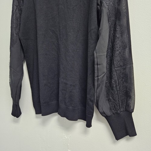 Adrianna Papell Sweater Women’s Medium Black Lace Trim Woven Sleeve Ruffle Neck - Picture 6 of 12