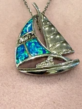 Necklace Gemstone Blue Opal Nautical Boat Sailboat .925 Sterling Silver Italy