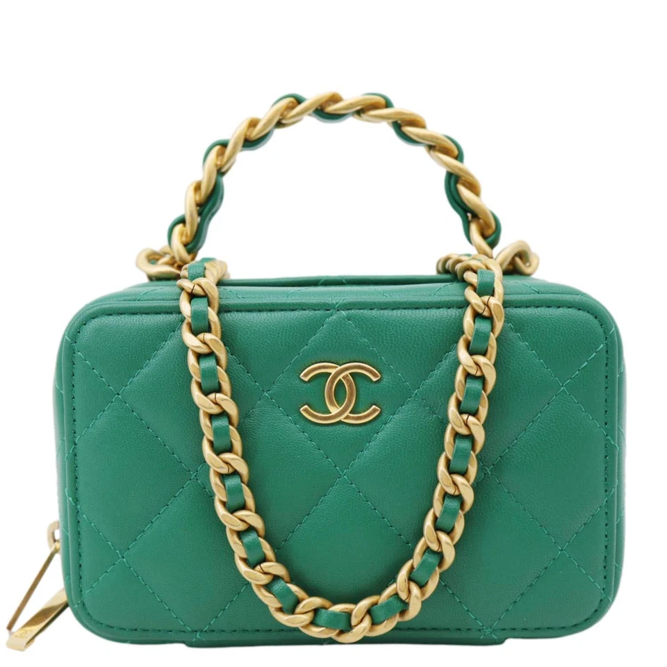 CHANEL Tea Afternoon Quilted Leather Chain Top Handle Vanity Case Green
