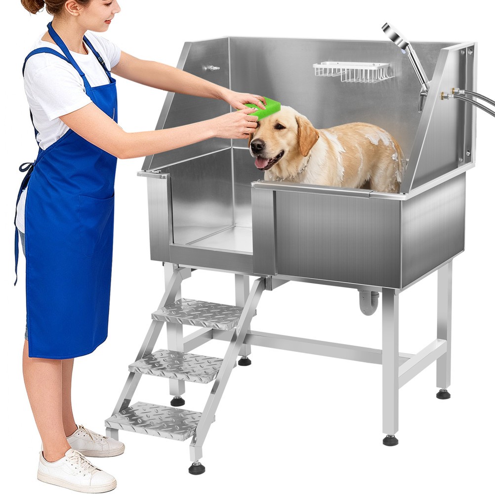TOYANDONA  38" Stainless Steel Pet Grooming Tub Dog Bath Station & Stair Faucet