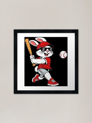 Gerahmtes Wandbild Poster Leinwanddruck Bild Hase spielt Baseball Ostern Sport