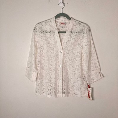Ruby Rd Favorites Women 8 White Lace Button Up Blouse 3/4 Sleeve 42540 M1 J