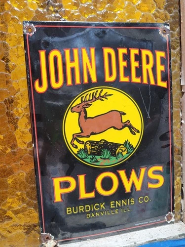 VINTAGE JOHN DEERE PORCELAIN SIGN OLD FARMING PLOW TRACTOR DEALER SALES SERVICE