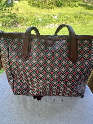 Fossil Multicolor Geometric Tote Bag Zip Top Brown Leather Double Handles
