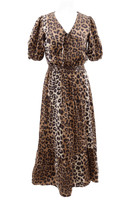 M&S Women's Maxi Dress Brown Leopard Print Shirred Tie Puff Sleeve Tiered New