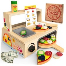 Wooden Pizza Toy - 48 PCS Montessori Pretend Play Food for Foldable Wooden Oven