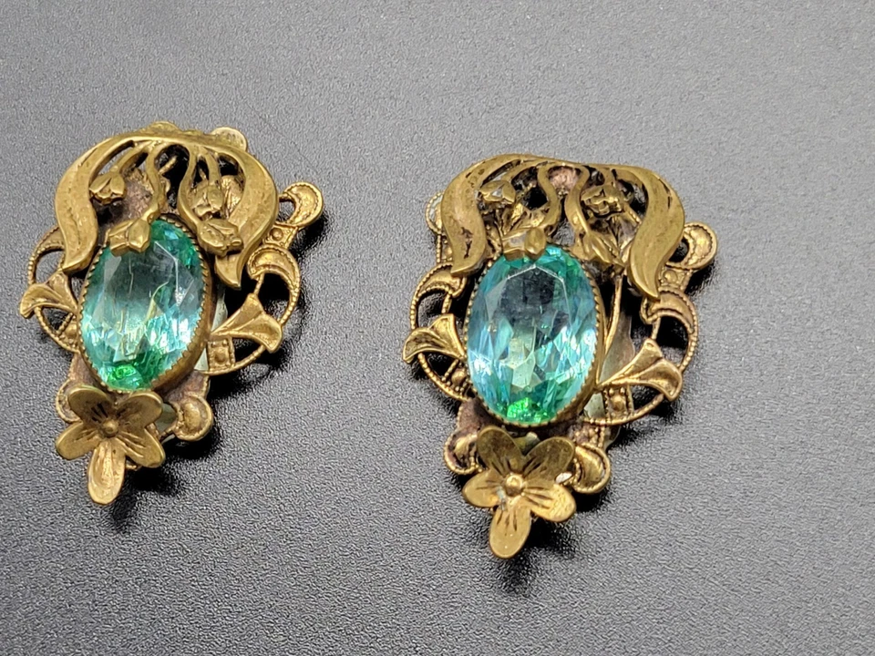 Art Nouveau Vestido Clip Par Antiguo Tono Dorado Flores Aqua Marino Color Piedra Foto 4 de 4