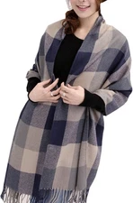 Christmas Gift Women's Long Shawl Scarf Big Grid Winter Warm Lattice Grey