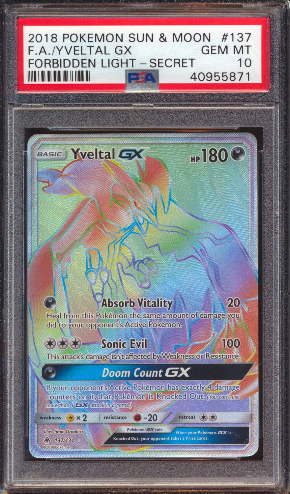 2018 POKEMON S&M FORBIDDEN LIGHT YVELTAL GX FULL ART SECRET #137 PSA 10!