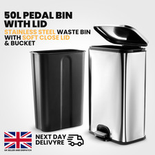 Large Kitchen Bin 50L With Soft Close - 70cm High Stainless Steel Pedal Bin