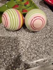 Pottery Barn Curtain Rod Finials Set of Two Pink Green Yellow Striped Ceramic