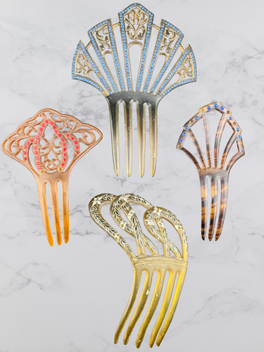Lot 4 Antique Celluloid Hair Combs | Art Deco 1920s Edwardian | Rhinestones