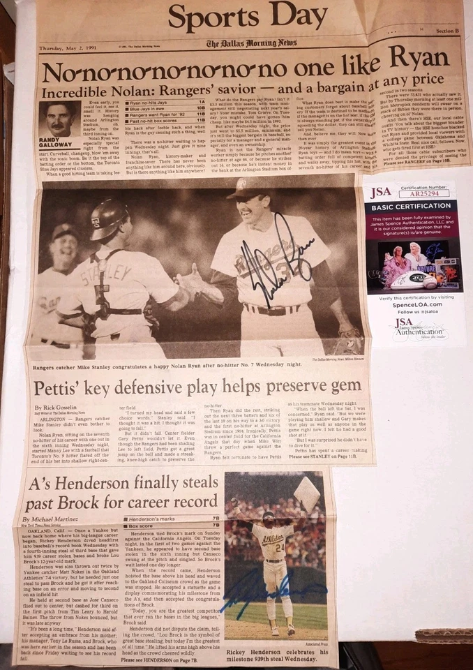 Nolan Ryan & Rickey Henderson Autographed Newspaper 5/2/91 JSA - Image 3 of 4