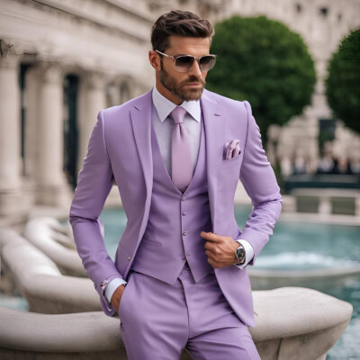 Men's lavender Purple Piece Suit Slim fit Elegant Modern Wedding 3pc Suit  Set