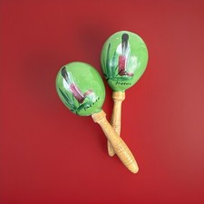 Original Hand Painted Mexican Maracas Wood Handle 7 inch Vintage Set of 2
