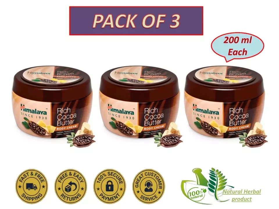 Crema corporal rica en manteca de cacao del Himalaya 3 piezas, nutre la piel, (200 ml) Foto 2 de 3