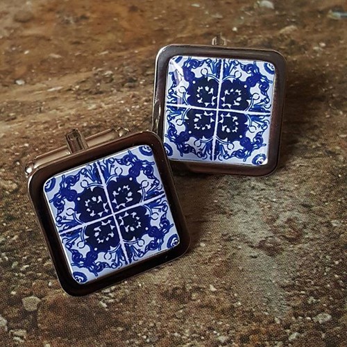 Unique LISBON TILE CUFFLINKS chrome PORTUGUESE TILE smart GROOM wedding USHERS - Picture 2 of 2