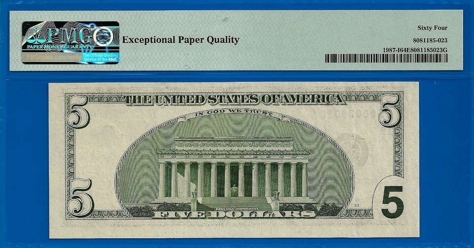 1999 $5 Federal Reserve Note PMG 64EPQ Low serial fancy serial Fr 1987-I - Image 2 of 2