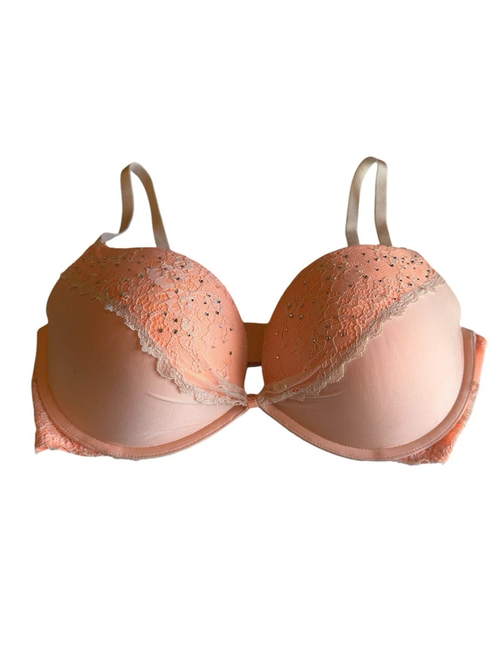 VS Victorias Secret Padded Demi Bra Women's SZ 36D Peach/Orange Rhinestone Lace - Image 2 of 4